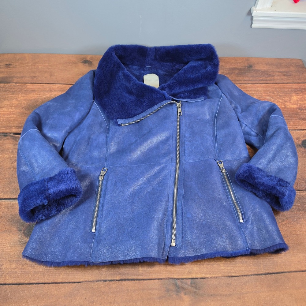 Violanti Soft Shearling Jacket Womens Cobalt Blue Excellent Asymmetrical Zip